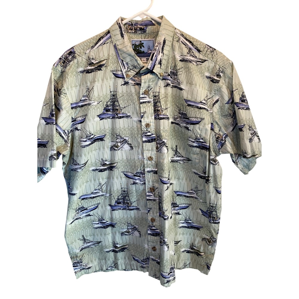 AFICO Bluewater Mens L Button Down Short Sleeve Fishing‎ Boat Hawaiian Shirt